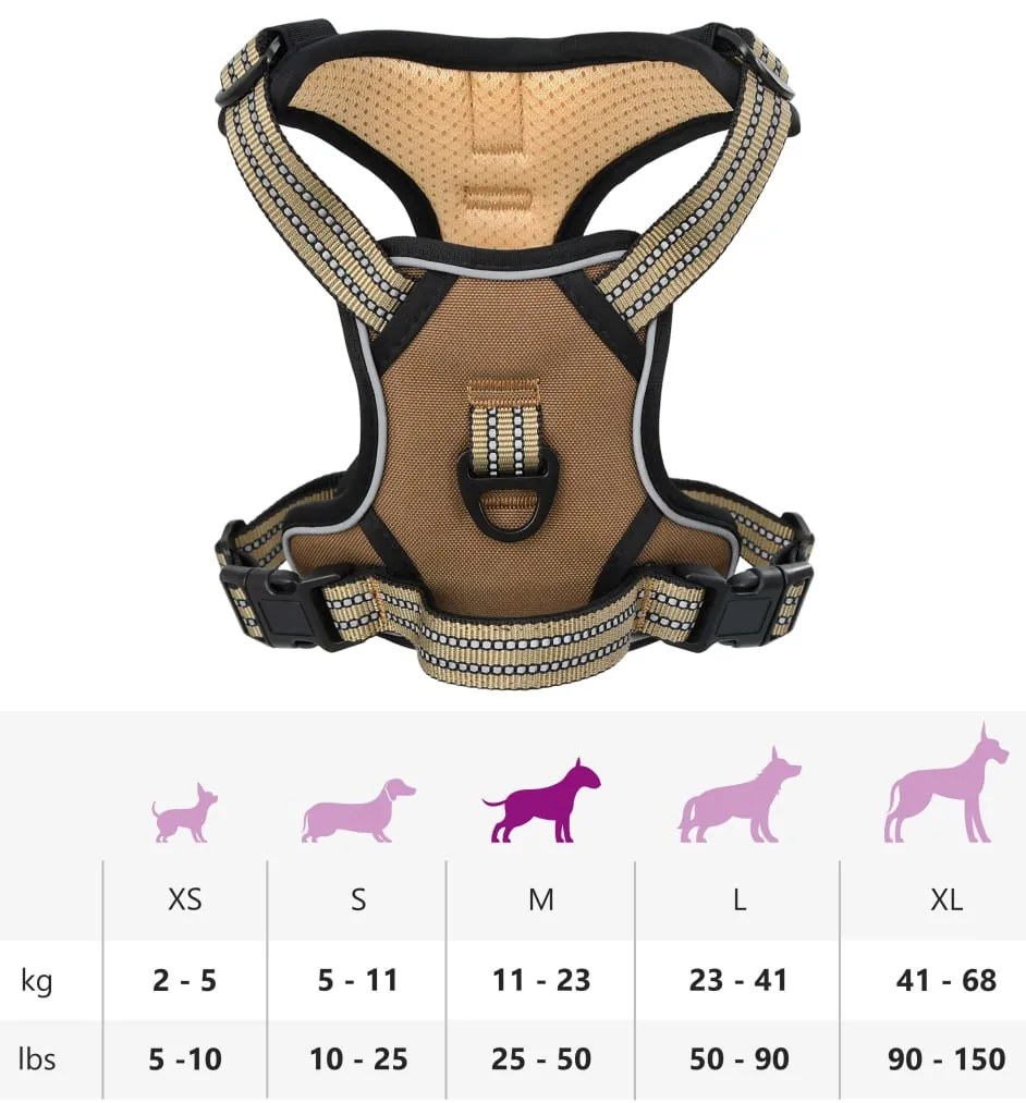Peitoral para cães com faixas refletoras ajustável M castanho
