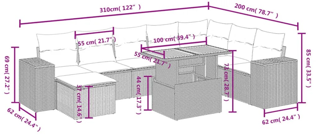 9 pcs conjunto de sofás p/ jardim com almofadões vime PE bege