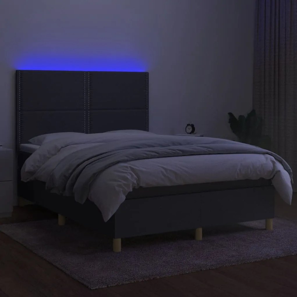 Cama box spring c/ colchão e LED 140x190 cm tecido cinza-escuro