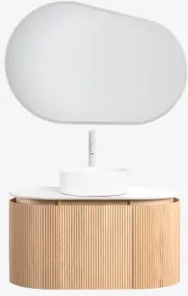 Conjunto De Móvel De Casa De Banho Suspenso 90x50 Cm Em Madeira Carsone Madeira Natural & Sem Unidade Auxiliar & Cerâmica Redonda Riscas Brancas Ø36 C