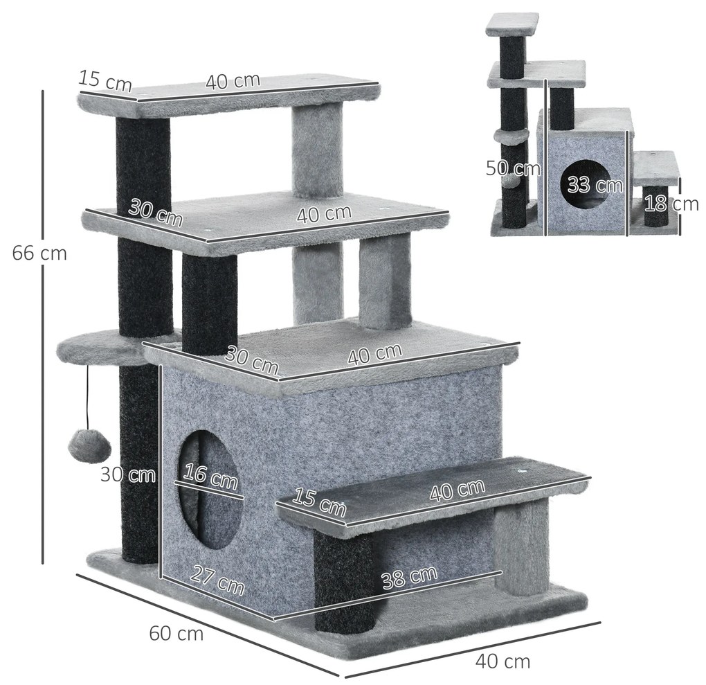 Escada para Gatos de 4 Degraus Escada para Animais de Estimação com Altura Ajustável Caverna Bola Suspensa e Postes para Cama Sofá Carga Máxima 10kg 6