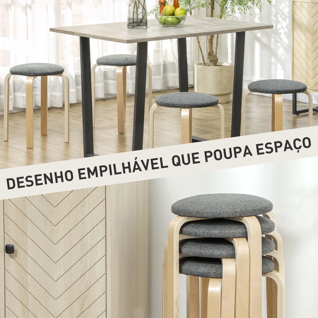 Conjunto de 4 Bancos Empilháveis Redondos (MESA NÃO INCLUIDA) Bancos Baixos de Cozinha com Assento Acolchoado Ø40x45 cm Cinzento e Madeira