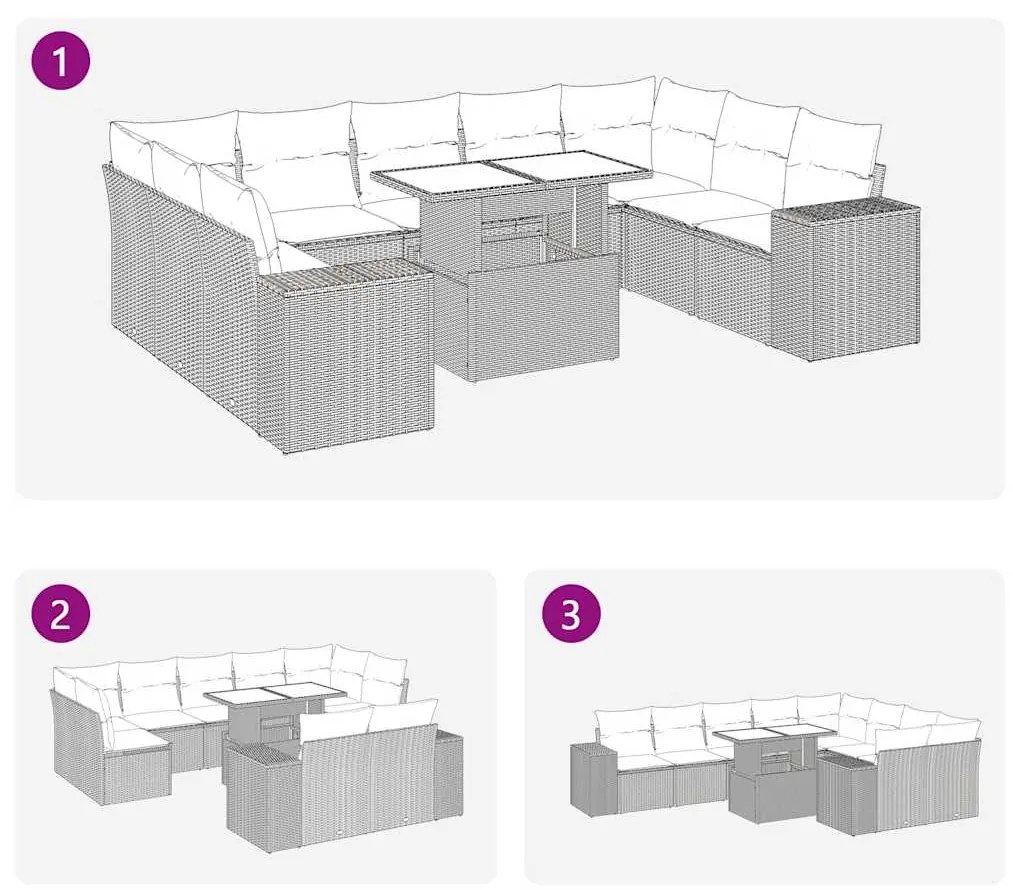 10 pcs conjunto de sofás p/ jardim com almofadões vime PE bege