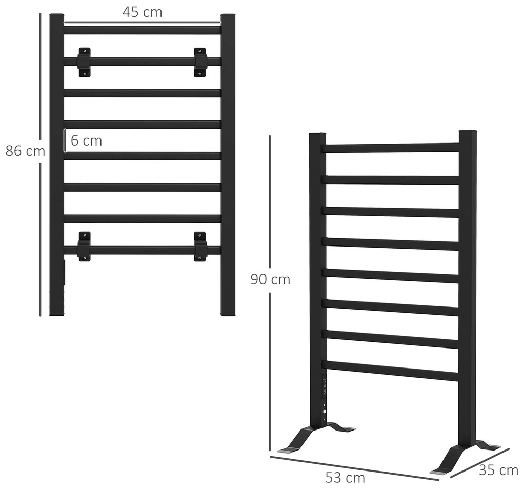 HOMCOM Toalheiro Elétrico de Parede ou Solo 150 W Aquecedor de Toalhas de Liga de Alumínio com Função de Temporizador e 8 Barras para Casa de Banho 53x35x90 cm Preto
