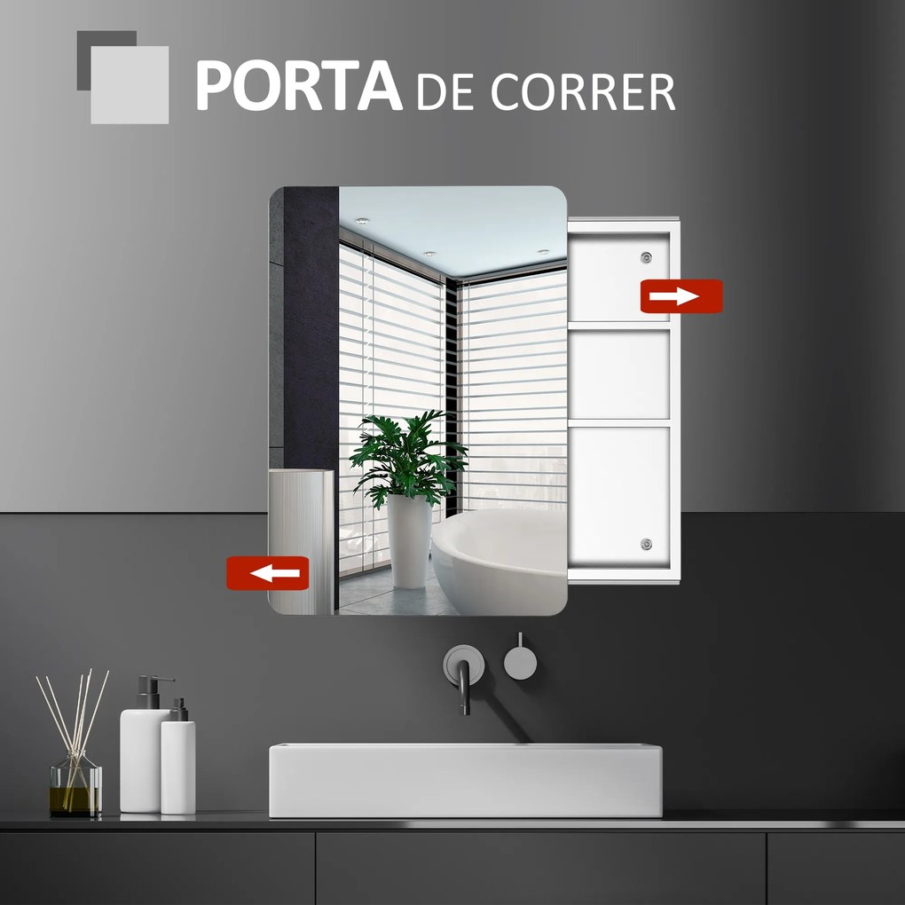 kleankin Armário de Casa de Banho com Espelho Móvel Auxiliar de Parede com Porta de Correr e 3 Prateleiras de Armazenamento para Sala de Estar Cozinha Dormitório 46x12x66cm Prata