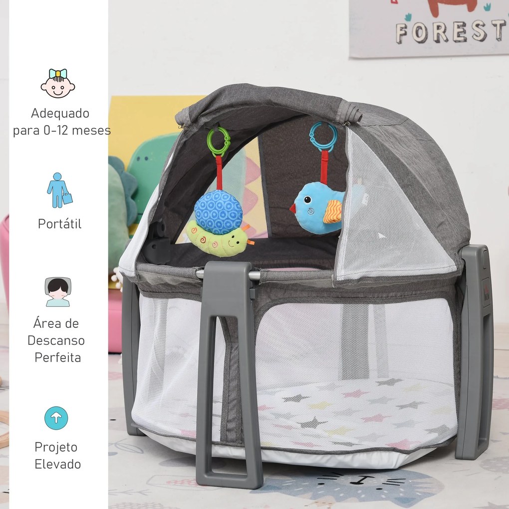 Berço dobrável e portátil para viagem com bolsa de transporte coberta removivel carga 15 kg 70x74x78 cm cinza