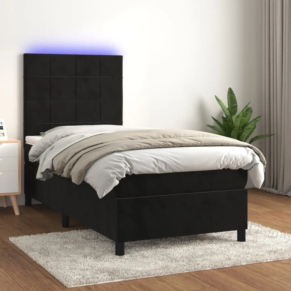 Cama box spring c/ colchão/LED 90x200 cm veludo preto