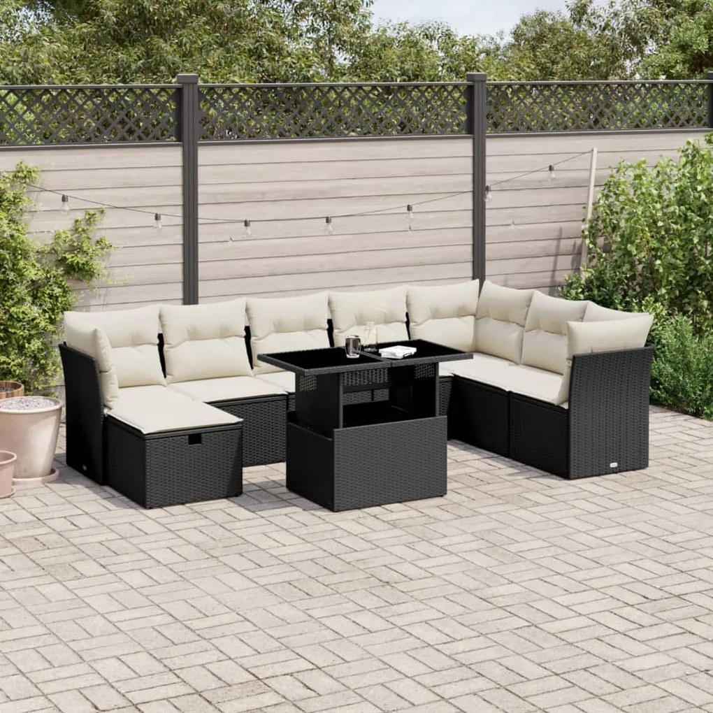 9 pcs conjunto de sofás p/ jardim c/ almofadões vime PE preto