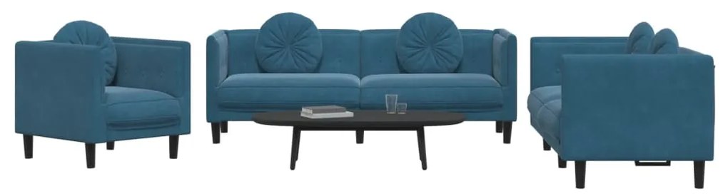 3 pcs conjunto de sofás com almofadas veludo azul