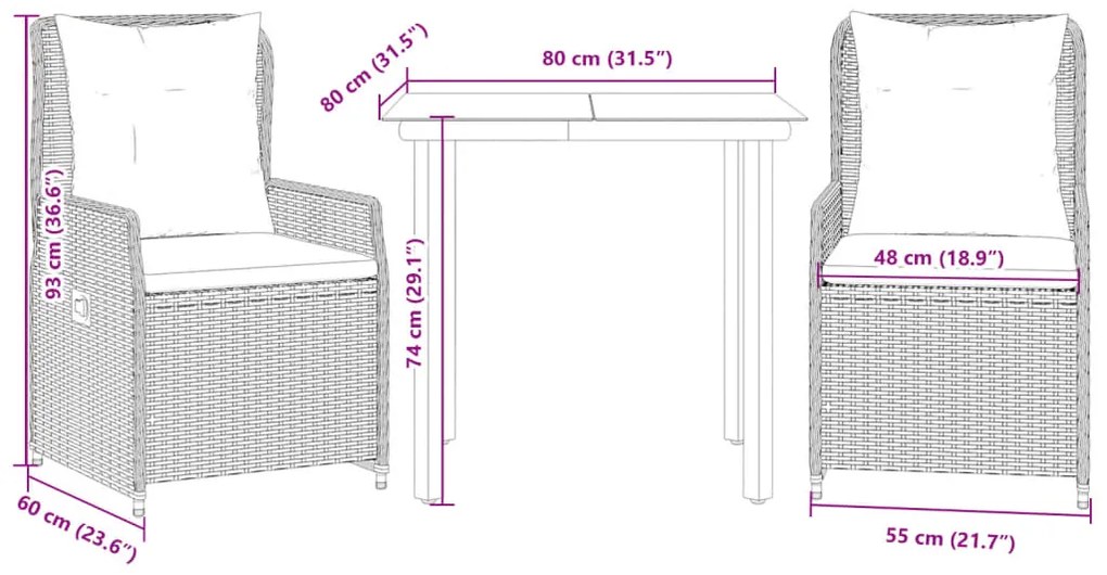 3 pcs conjunto de jantar p/ jardim c/ almofadões vime PE preto