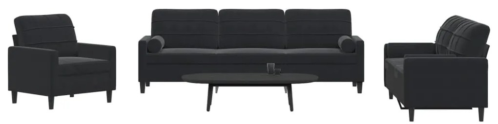 3 pcs conjunto de sofás com almofadões e rolos veludo preto
