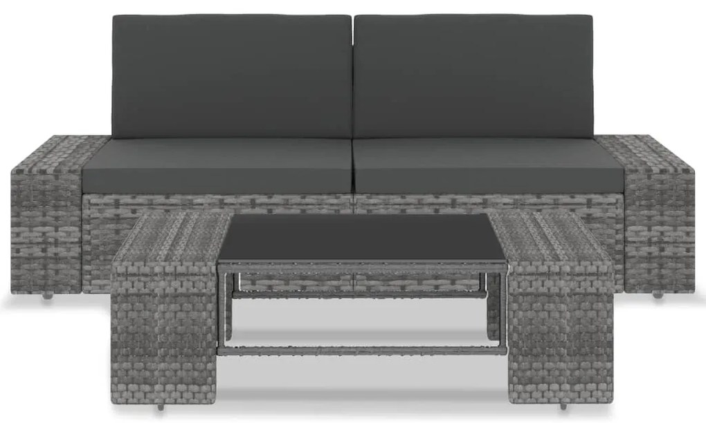 3 pcs conjunto lounge de jardim vime PE cinzento