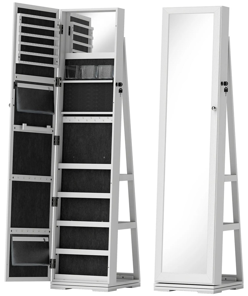 HOMCOM Armário para Jóias 360° com Fechadura e Espelho Incorporado Joalheiro de Pé Carga Máxima 20 kg 38x38x160 cm Branco | Aosom Portugal
