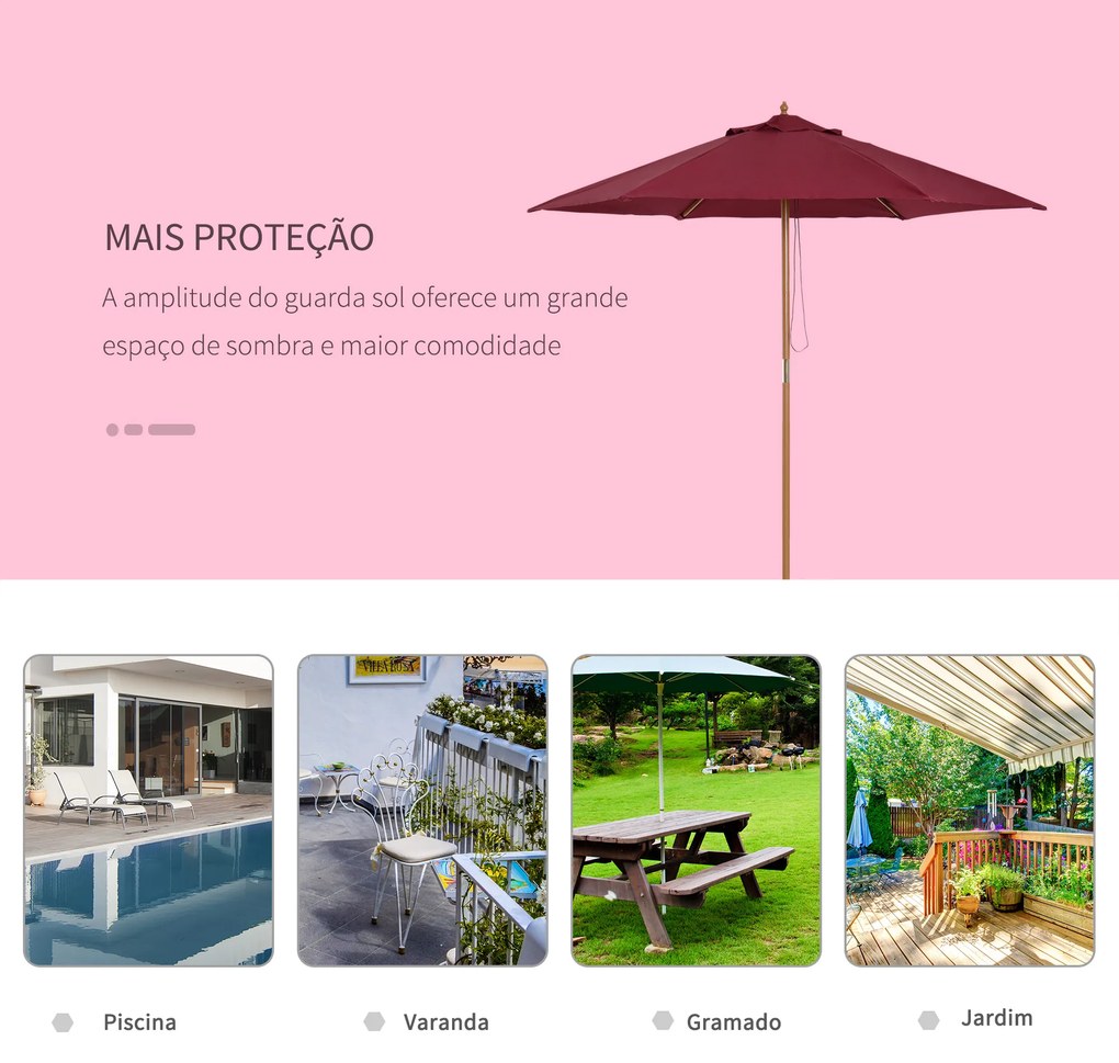 Chapéu de Sol Ø250x230cm Chapéu de Sol com Mastro de Madeira com 6 hastes Sistema de Polia com Fixação para Jardim Pátio Terraço Vinho