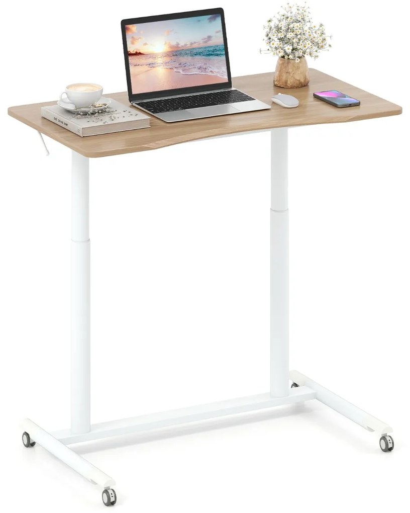 Secretária com altura ajustável em C 95 x 52 x 70-106 cm com rodas bloqueáveis e estrutura metálica para escritório Natural
