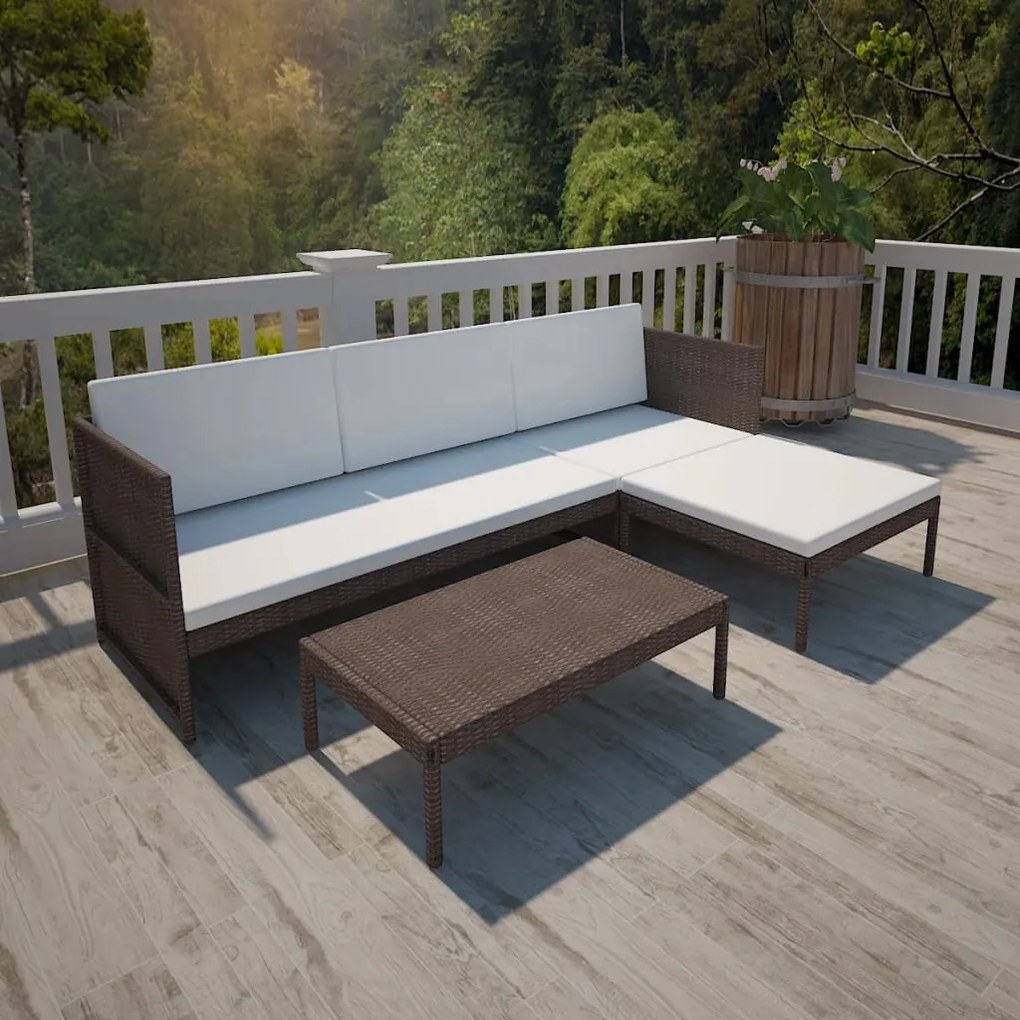 41381 vidaXL 3 pcs conjunto lounge jardim c/ almofadões vime PE castanho