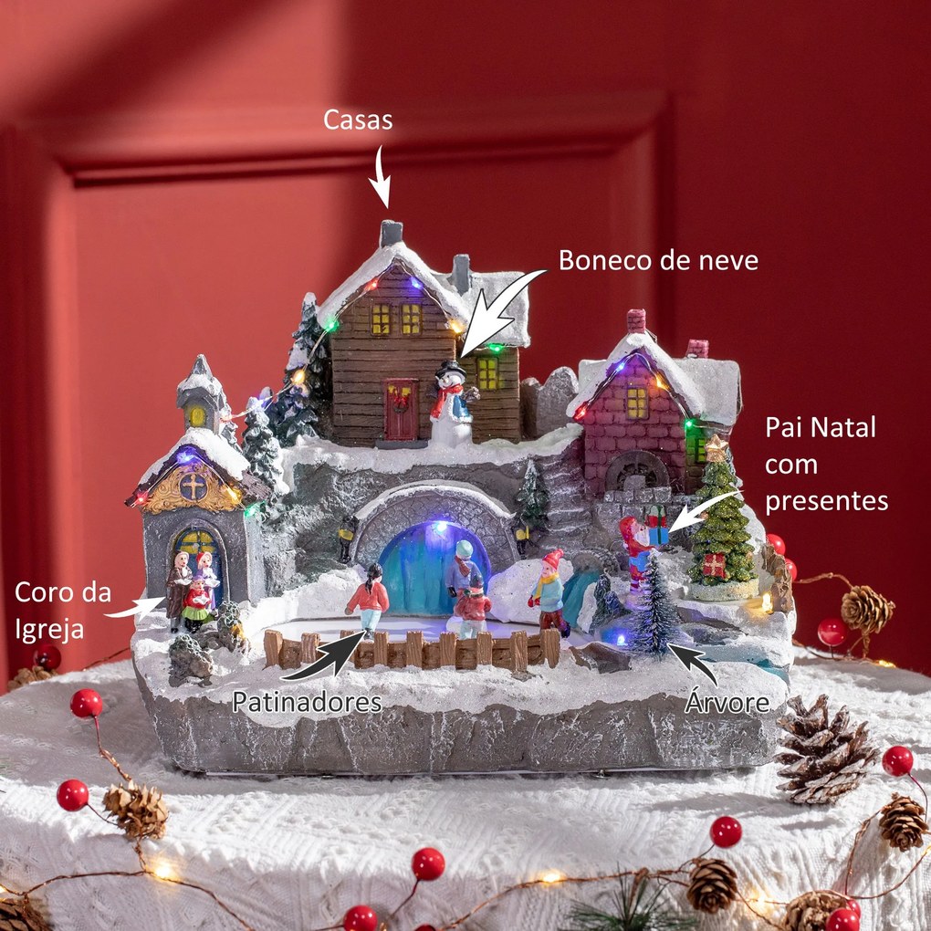 Cidade Natalícia Cena Decorativa de Natal Iluminada com Luzes LED Árvore Giratória e Pista de Patinagem Decoração de Natal de Mesa 32x25,5x24cm Multic