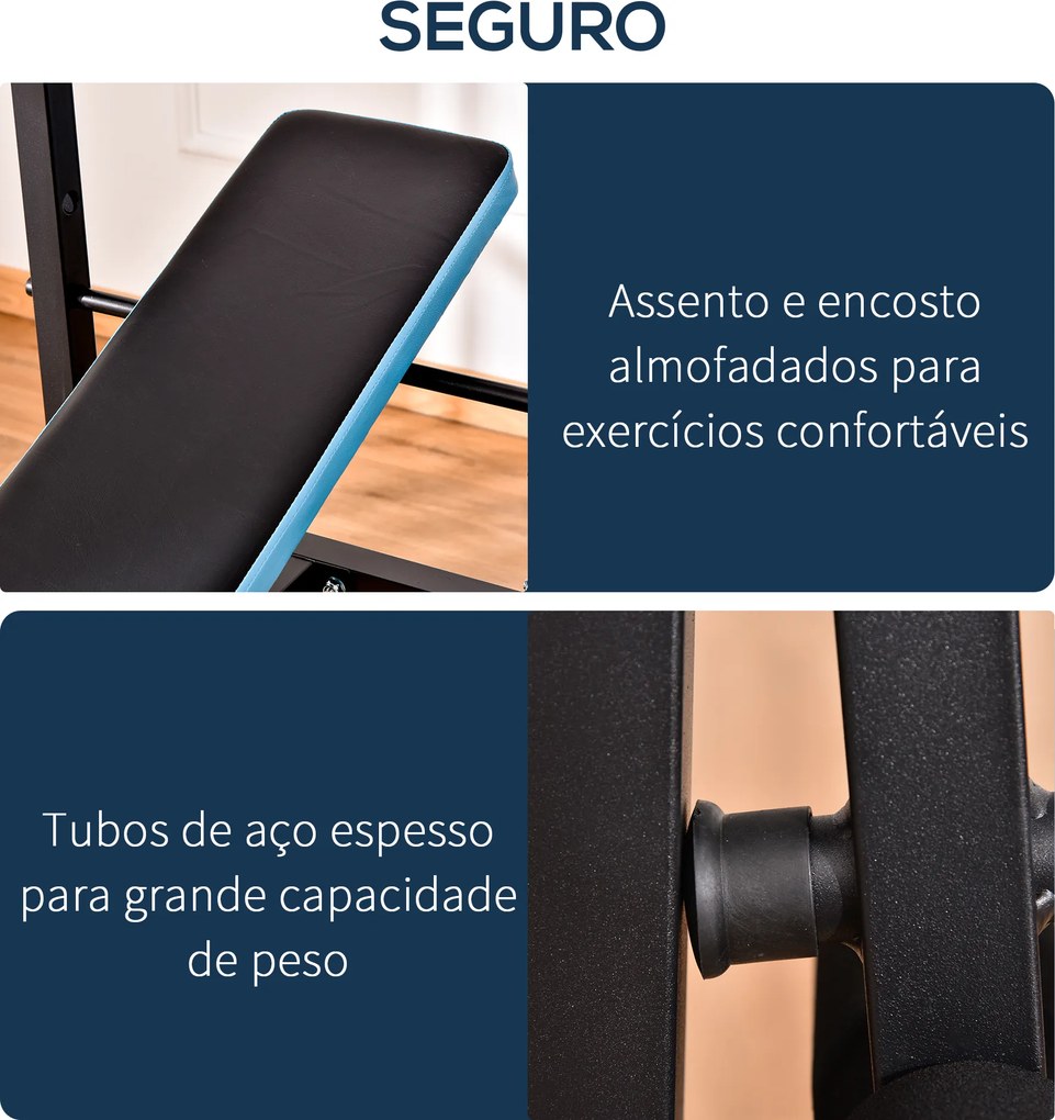Banco de Musculação Multifuncional (PESOS E BARRA NÃO INCLUIDA) com Suporte para Barras e Encosto Ajustável 155x56,5x120 cm Preto e Azul