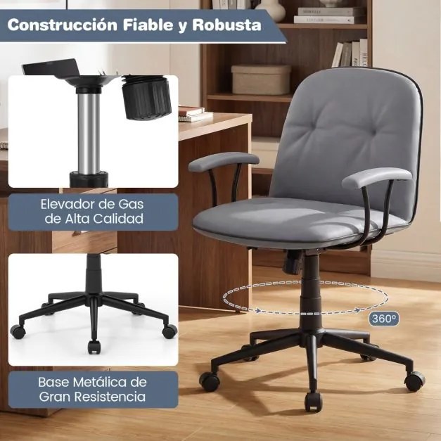 Cadeira de escritório ajustável para casa com função de balanço, braços acolchoados e rodas suaves, cinza