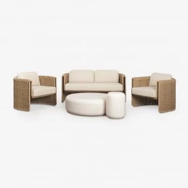 Conjunto De Sala Com Sofá De 2 Lugares, 2 Poltronas Em Aço E Vime Sintético Lina E 2 Mesas De Centro Em Cimento Fonelas Tecido Gardénia Branco - Sklum