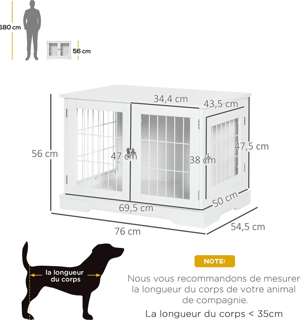 Gaiola para cães 2 em 1: mesa auxiliar e gaiola com 2 portas com fechadura 76 x 54,5 x 56 cm - Metal e MDF