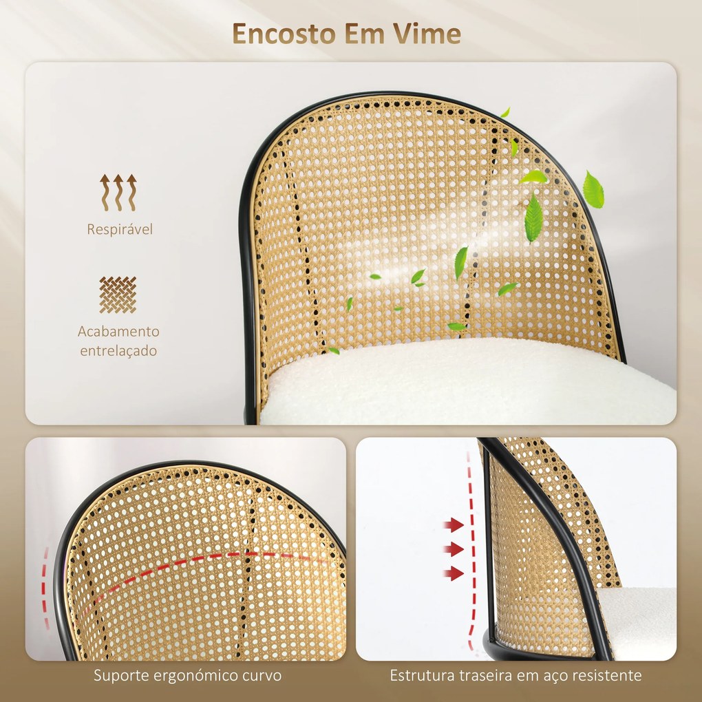 Conjunto de 2 Bancos de Bar Altos de Cozinha (MESA NÃO INCLUIDA) com Encosto de Vime Assento Estofado em Borrego 48x54x102 cm Creme