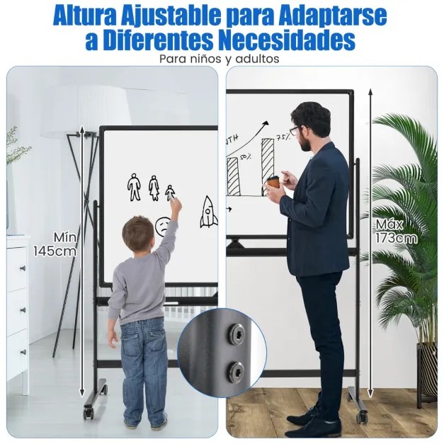 Quadro branco magnético dupla face com suporte de rotação de 360° para escritório escola e casa 56 x 128 x 145-173 cm branco