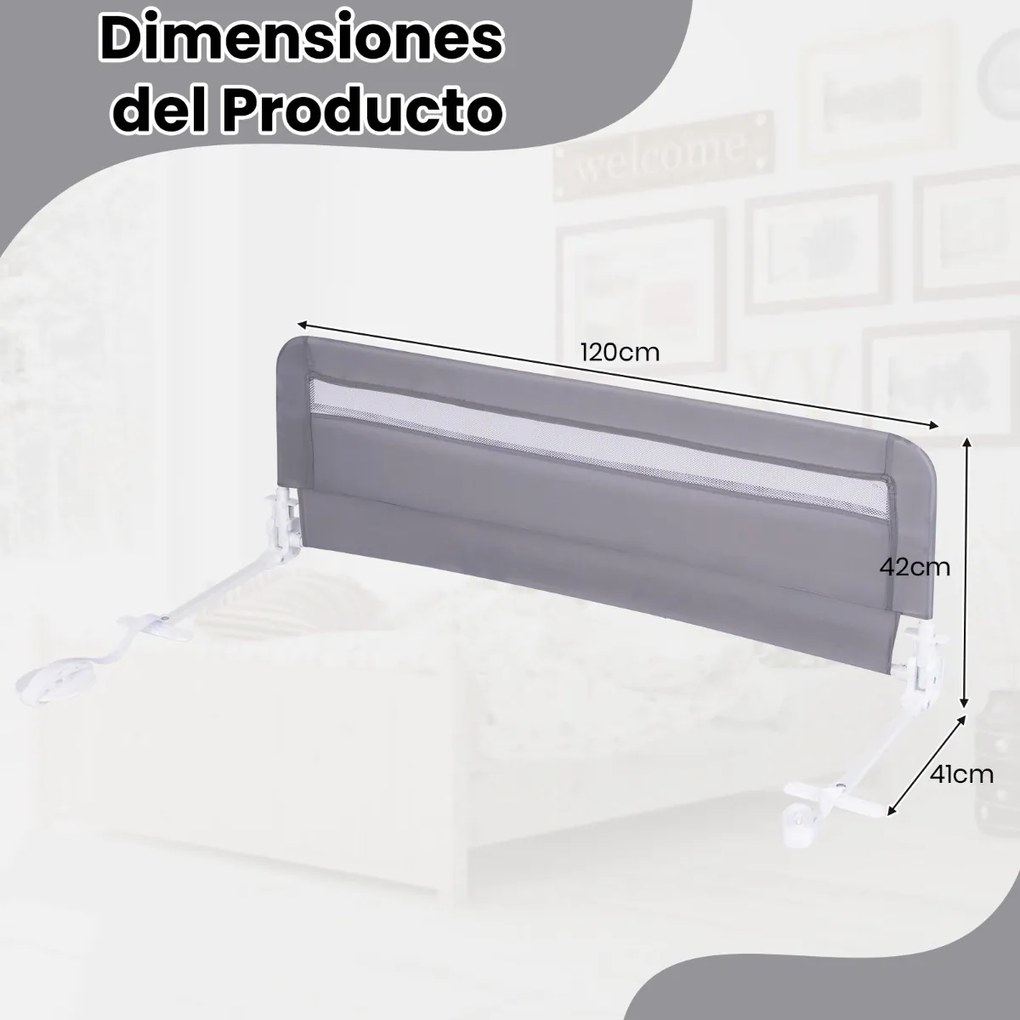 Barreira de Cama para Crianças Dobrável de 120 cm com Capa Removível e Lavável e Correia de Segurança Cinzento