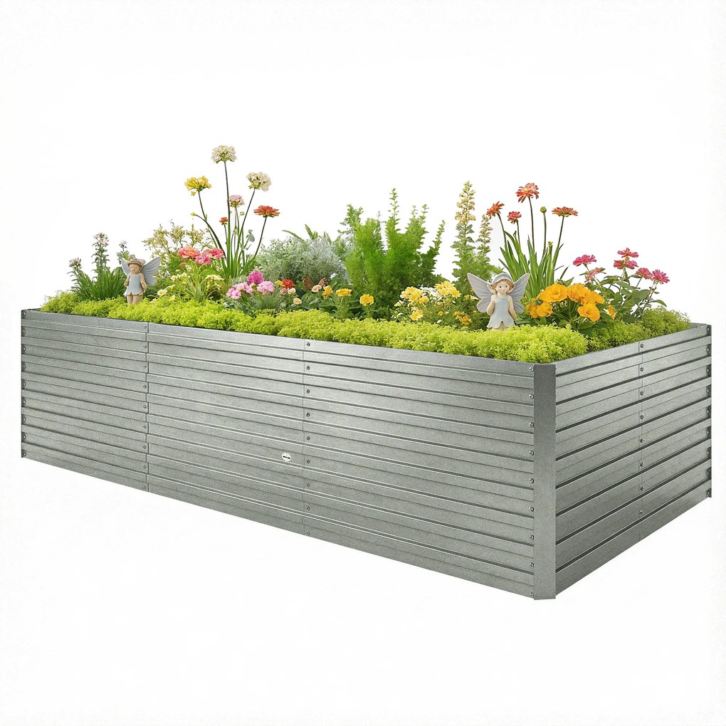 Floreira jardim 240 x 120 x 60 cm, elevada galvanizada com rebordo de segurança e fundo aberto, cinzento prateado