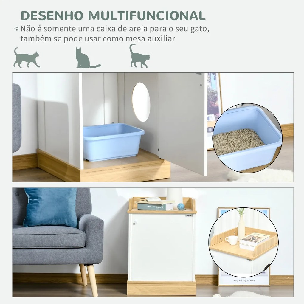 Casa para Gatos de Madeira Móvel Caixa de Areia para Gatos 2 em 1 com Bancada de Armazenamento Porta e Orifício de Entrada Lateral 48,5x53x67cm Branco