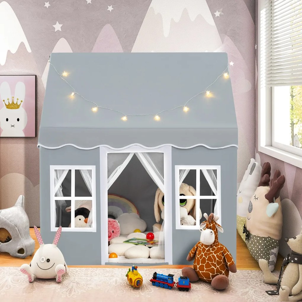 Tenda de brincar para crianças 134 x 118 x 100,5 cm com luzes LED em forma de estrela e tapete antiderrapante com 2 janelas para maiores de 3 anos Cin