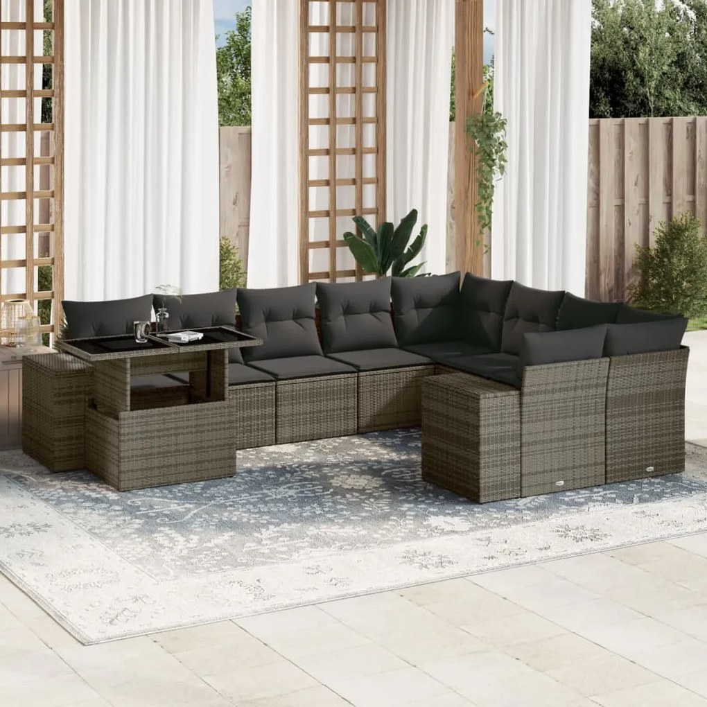 10 pcs conjunto sofás de jardim c/ almofadões vime PE cinzento