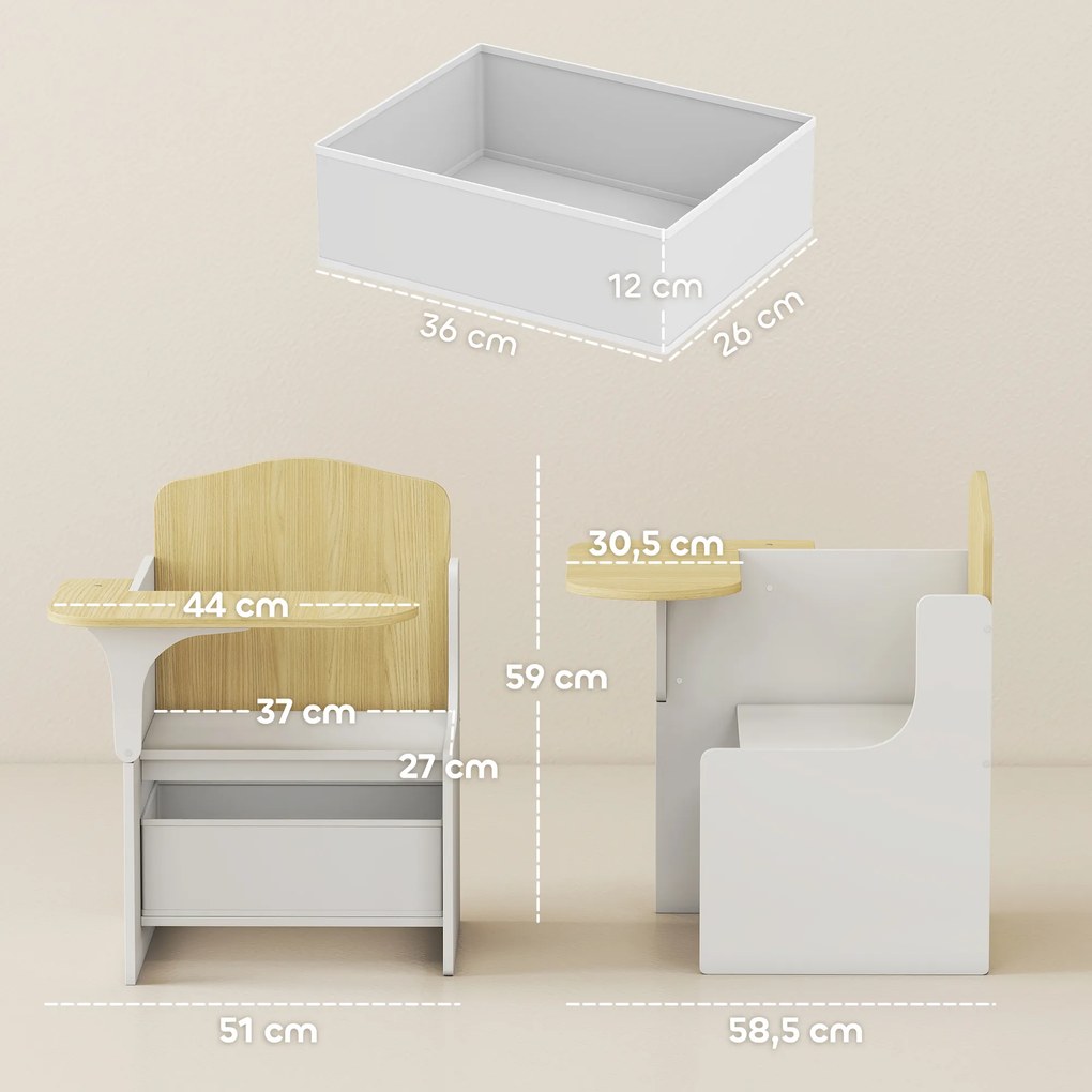 Secretária e cadeira para crianças com compartimento de arrumação, conjunto de mesa de atividades 2 em 1 para desenhar, ler e brincar, branco