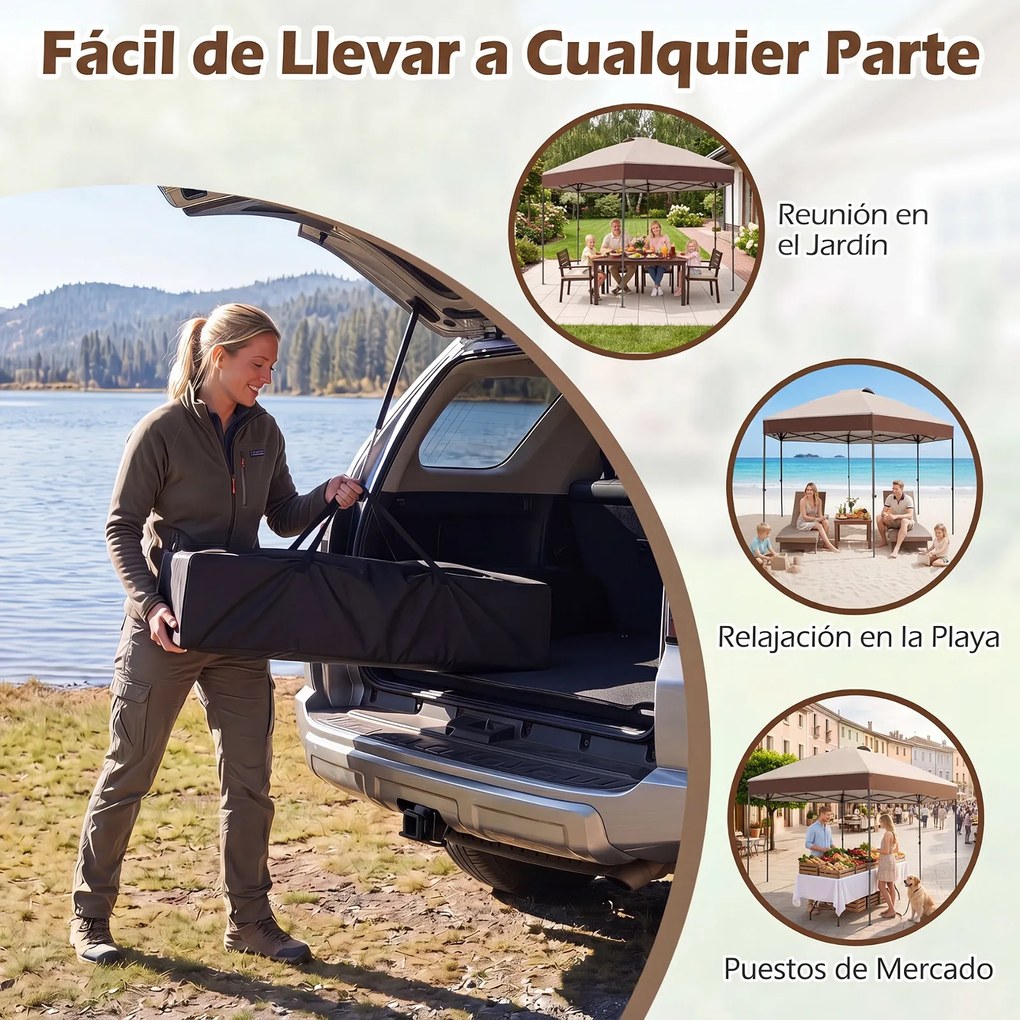 Tenda de Jardim Dobrável Hexagonal, 361,5 x 361,5 x 265 cm, Altura Regulável, Cáqui