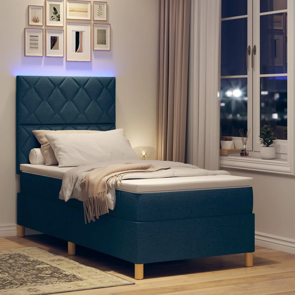 Cama Box com Colchão & LED Azul 90x200 cm Tecido