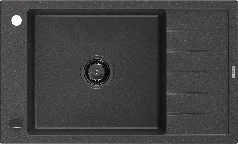 Mexen Elias lava-louça de granito 1-bacia com escorredor 795 x 480 mm, preto salpicado, sifão preto - 6511791005-76-B