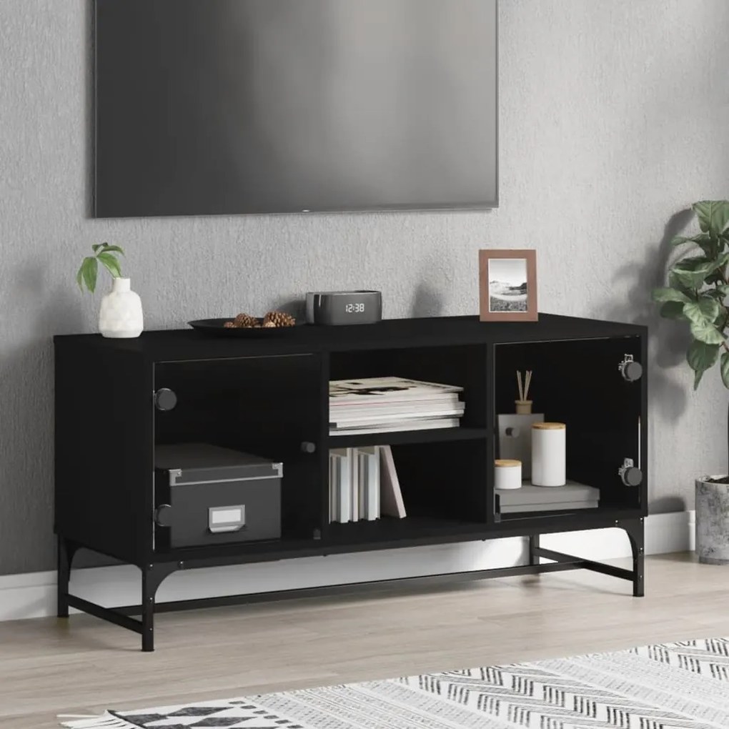 Móvel de TV c/ portas de vidro 102x37x50 cm preto