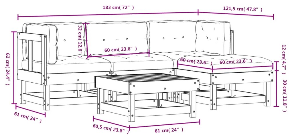 5 pcs conjunto lounge jardim com almofadões madeira maciça