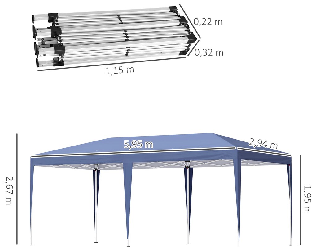 Outsunny Tenda Dobrável 6x3 Tenda de Jardim Portátil com Bolsa de Transporte Tecido Oxford Estrutura de Aço para Exterior Festas Acampamento Azul