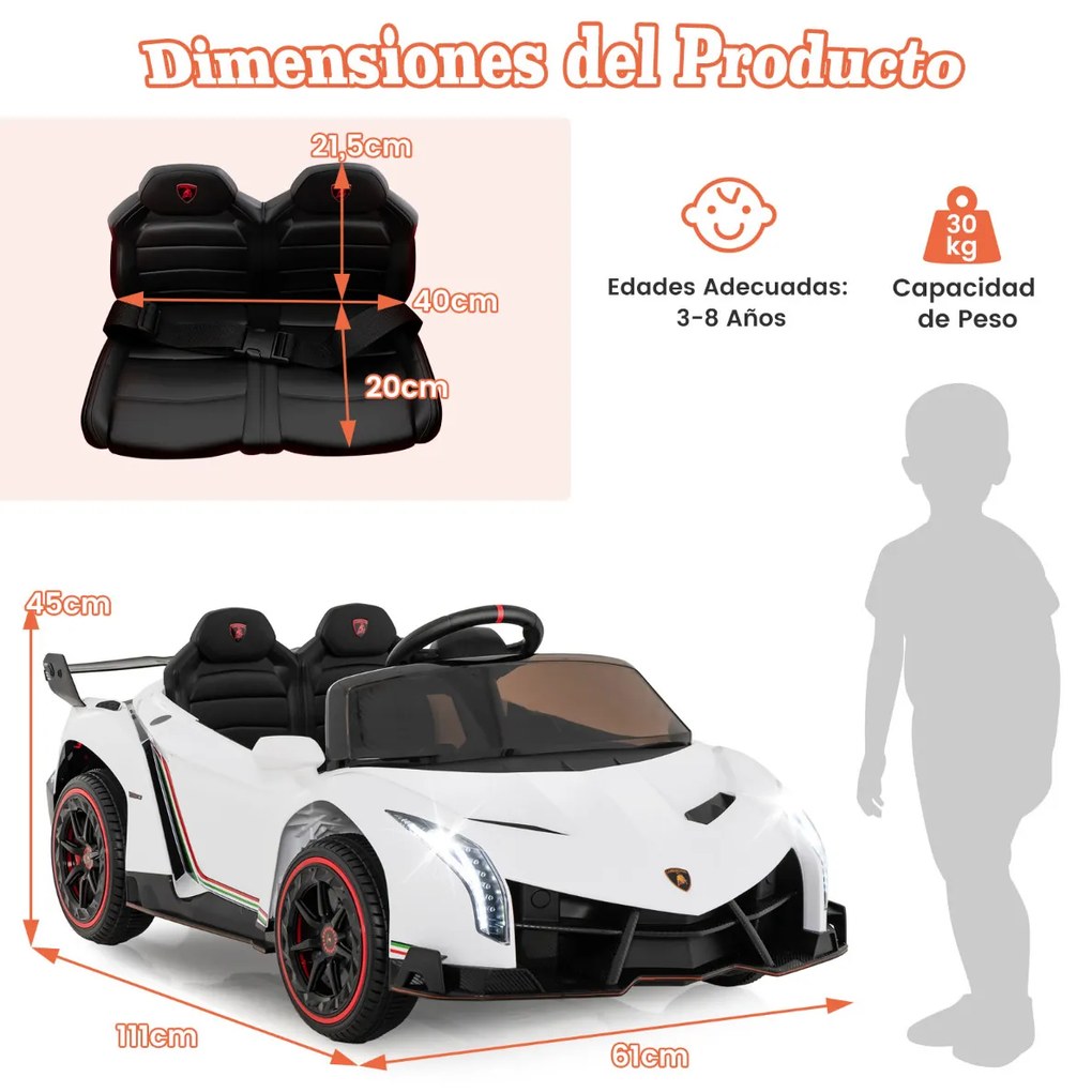 Carro Elétrico brincar para Crianças 3-8 Anos Lamborghini 12V com Controlo Remoto 3 Velocidades Luzes LED Rodas e Música Branco