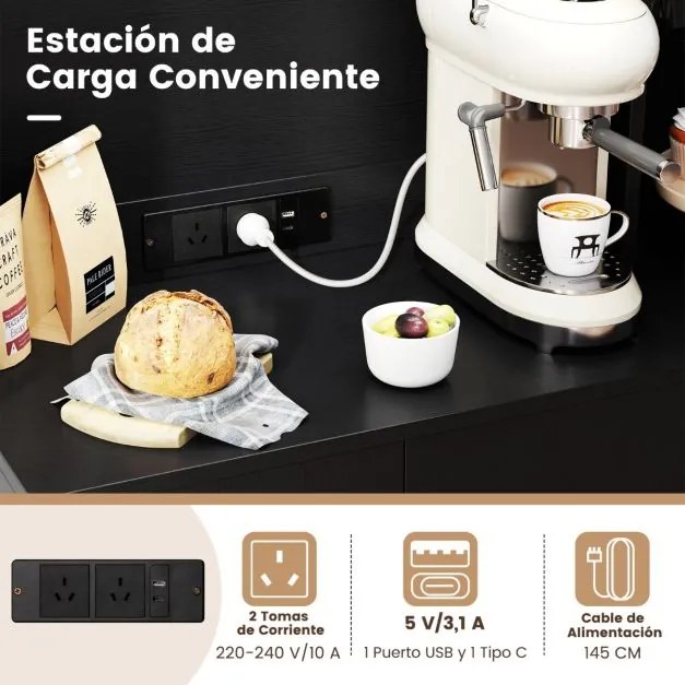 Armário despensa cozinha com 90 x 39 x 167 cm com tomadas elétricas com suporte para copos, gaveta e prateleiras ajustáveis preto