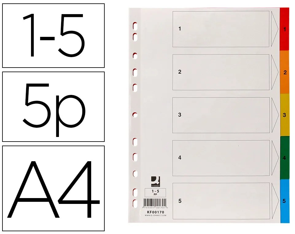 Separador Q-Connect Plástico Conjunto de 5 Separadores Din A4 Multiperfurados