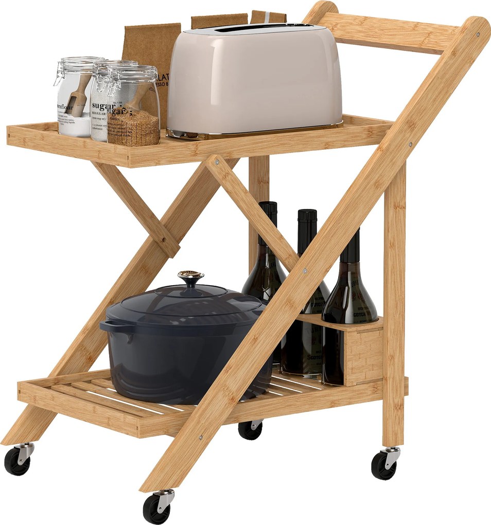 Carro de serviço de cozinha em bambu  66 x 40 x 70 cm, dobrável, com 2 tabuleiros, 4 rodas e 3 compartimentos para garrafas de vinho,, madeira natural