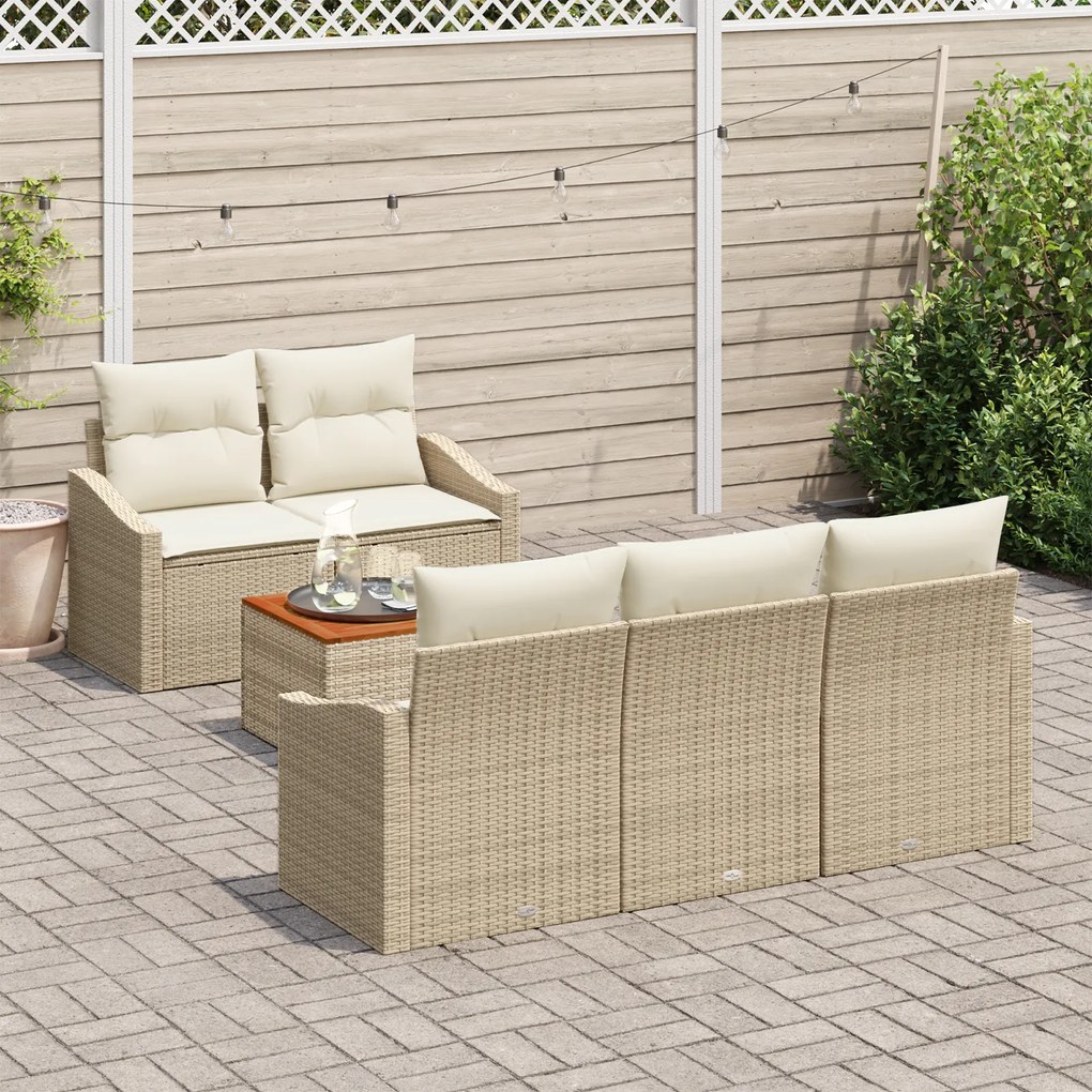 Conjunto de Sofá de Jardim de 6 Peças com Almofadas Bege Rattan Poliés