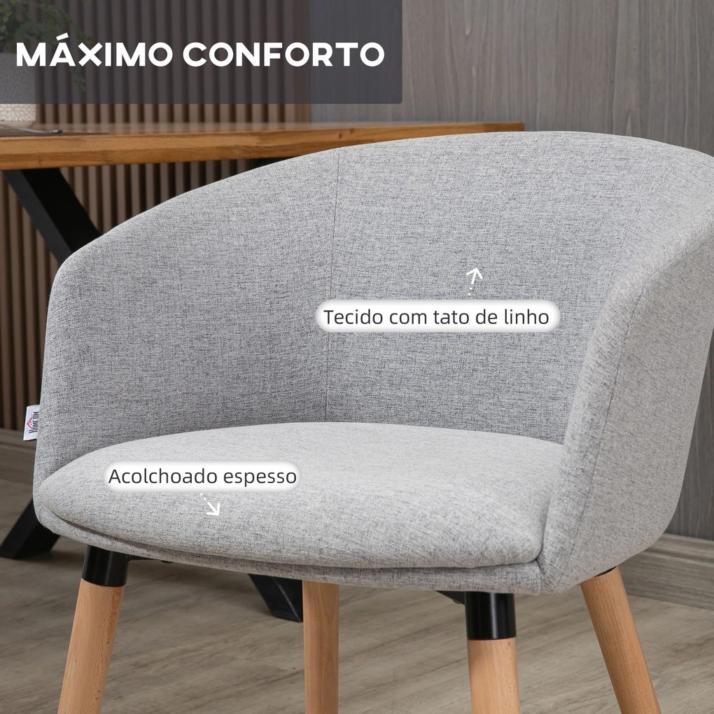 HOMCOM Cadeira de Sala de Jantar Cadeira Estofada em Linho Sintético com Apoio para os Braços e Pés de Madeira para Escritório Dormitório Carga 120kg 57x56x72cm Cinza