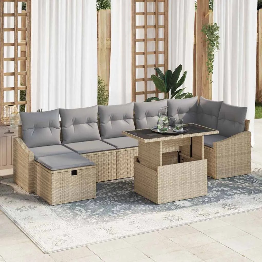 Conjunto de Sofás de Jardim 8 Peças com Almofadas Bege em Rattan Sinté