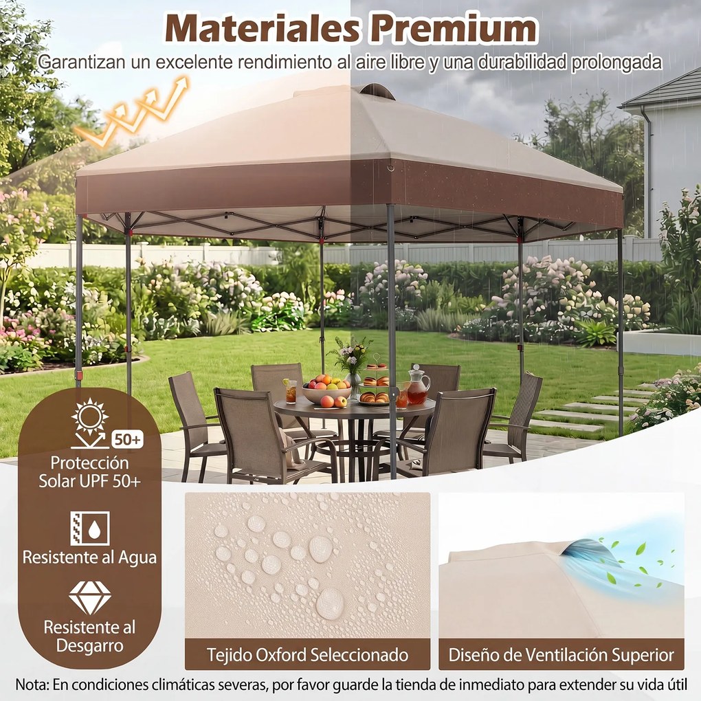 Tenda de Jardim Dobrável Hexagonal, 361,5 x 361,5 x 265 cm, Altura Regulável, Cáqui