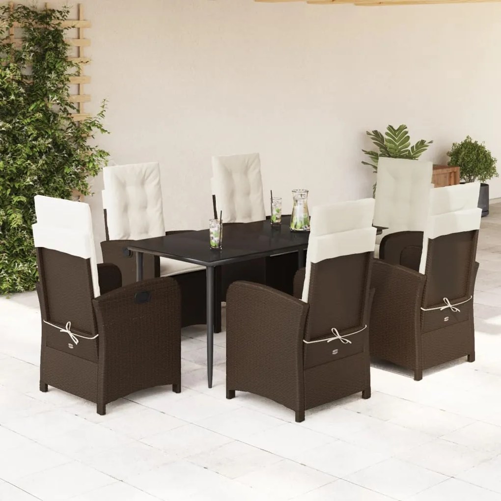 7 pcs conjunto jantar p/ jardim c/ almofadões vime PE castanho