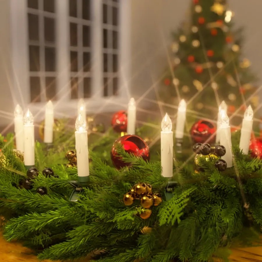 Conjunto de 30 velas LED para árvore de Natal com controlo remoto Ø1,5 x 10,5 cm Creme (Vela) + Verde (Fixação) + Branco quente (Luz)