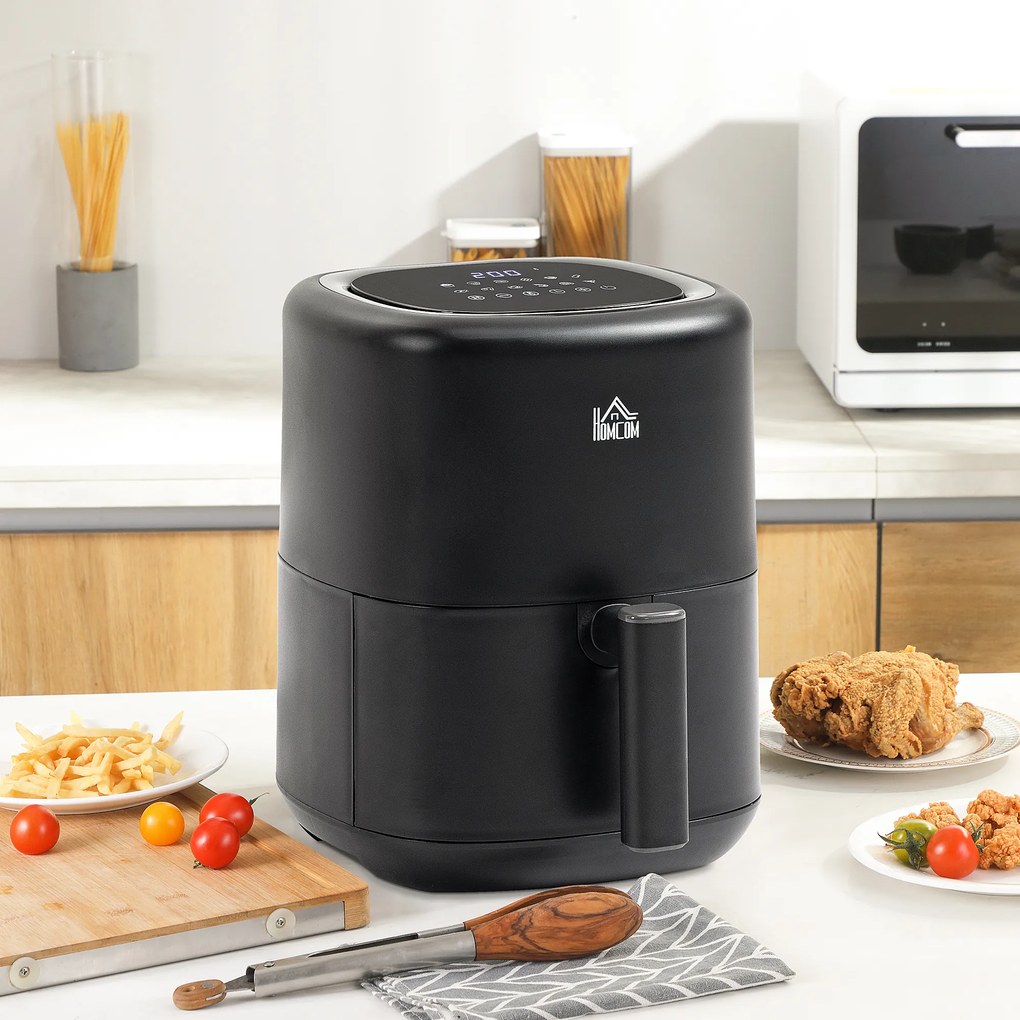 HOMCOM Fritadeira sem Óleo 3L Fritadeira de Ar Quente 1300W com 12 Programas Tela LED Tátil Temporizador Temperatura Ajustável e Cesta Antiaderente 29,5x23,8x30,3cm Preto